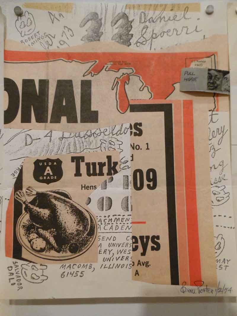 Detail of a mail-art collage with a turkey advertisement, the words “D-4 Dusseldorf” and handwritten signatures. Photo: Cynthia Kukla.