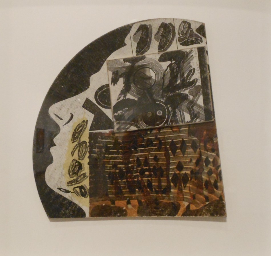 Close-up of a black-and-white Ray Johnson collage with profile silhouettes and abstract shapes. Photo: Cynthia Kukla.
