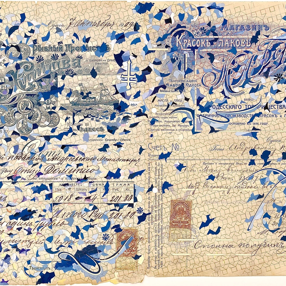 Two old Russian commercial invoices pieced together on one sheet, overlaid with scattered blue, white and gold angular marks painted in gouache.