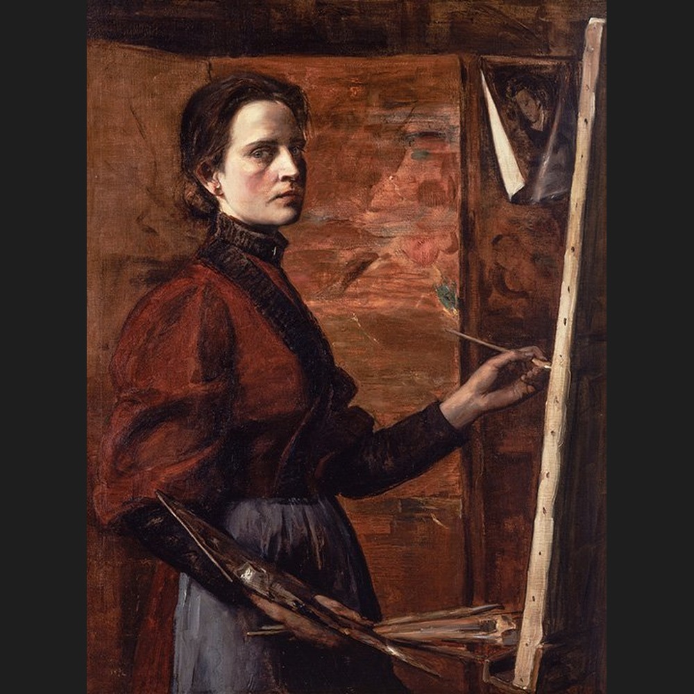 Self-portrait of Elizabeth Nourse at her easel, holding a brush and palette, gazing at the viewer.