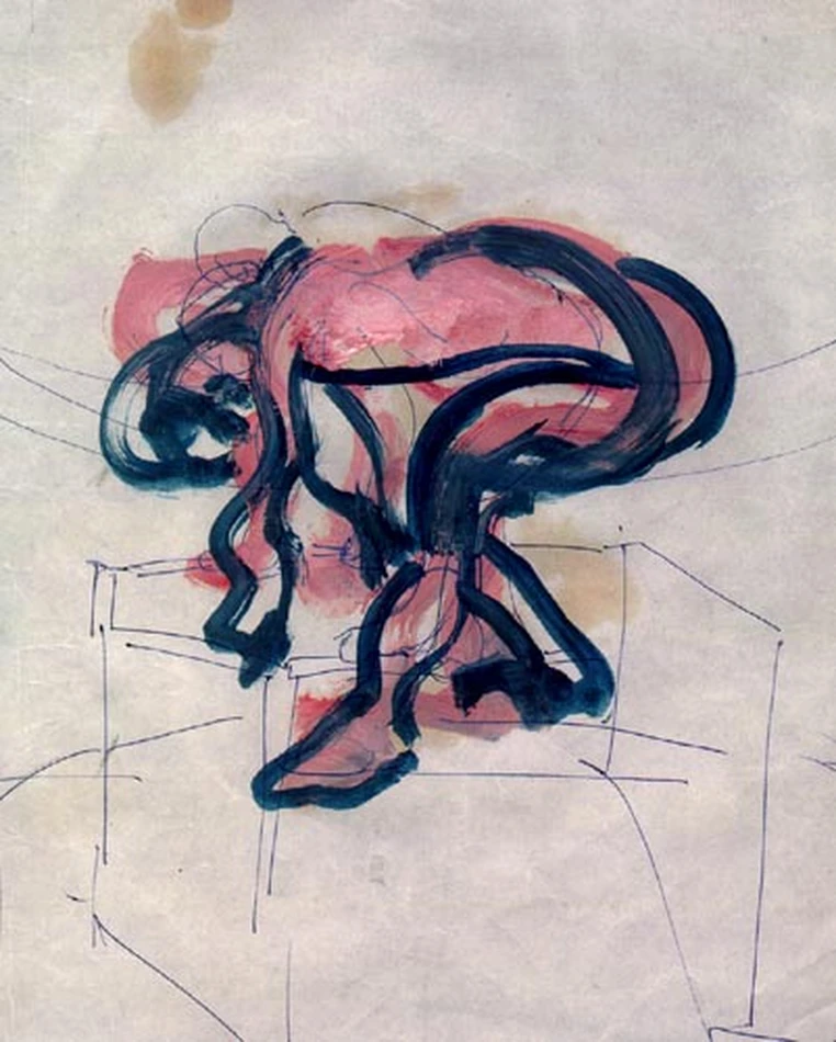 Figurative ink study for Bear (1993): a crouching nude figure in bold black brushstrokes with pink wash and sketchy construction lines on paper.