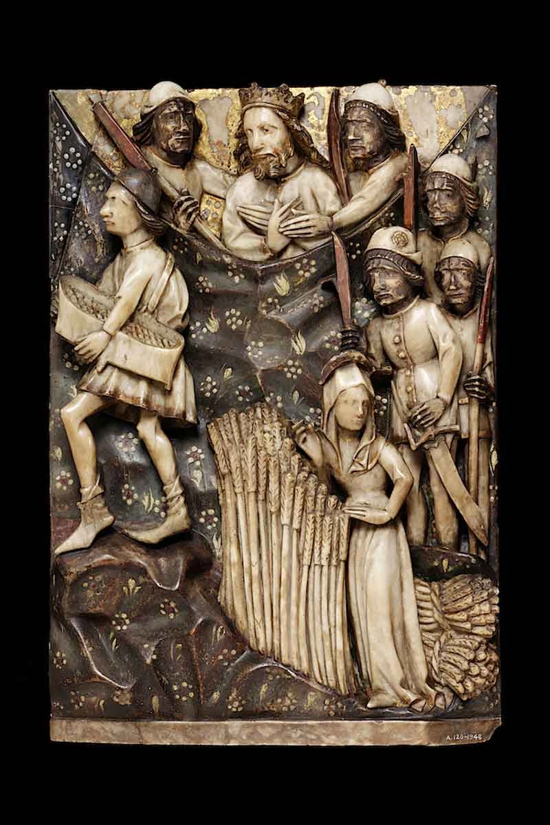 Relief with a harvest scene, perhaps from the life of St. Edmund or St. Radegund, England, ca. 1470–1500, alabaster. Victoria and Albert Museum, London (A.120-1946).