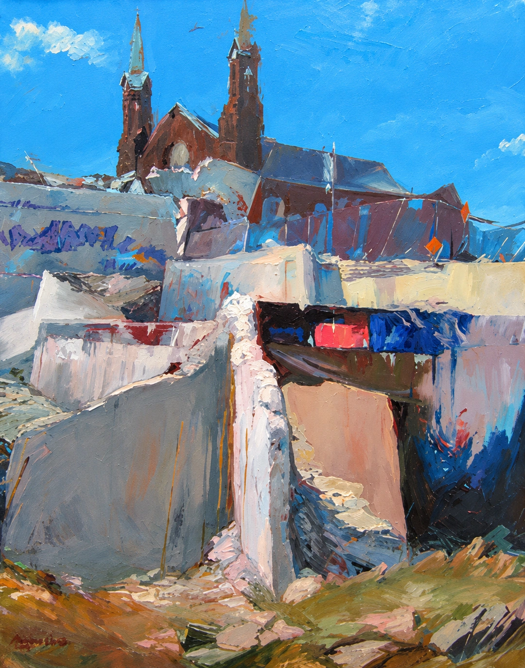Oil painting of a brick church with two spires rising above concrete demolition walls under a blue sky.