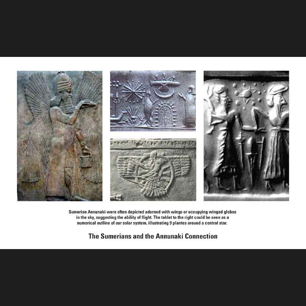 Collage of ancient Near Eastern reliefs and cylinder seals, including a winged figure, with a caption about the Annunaki.