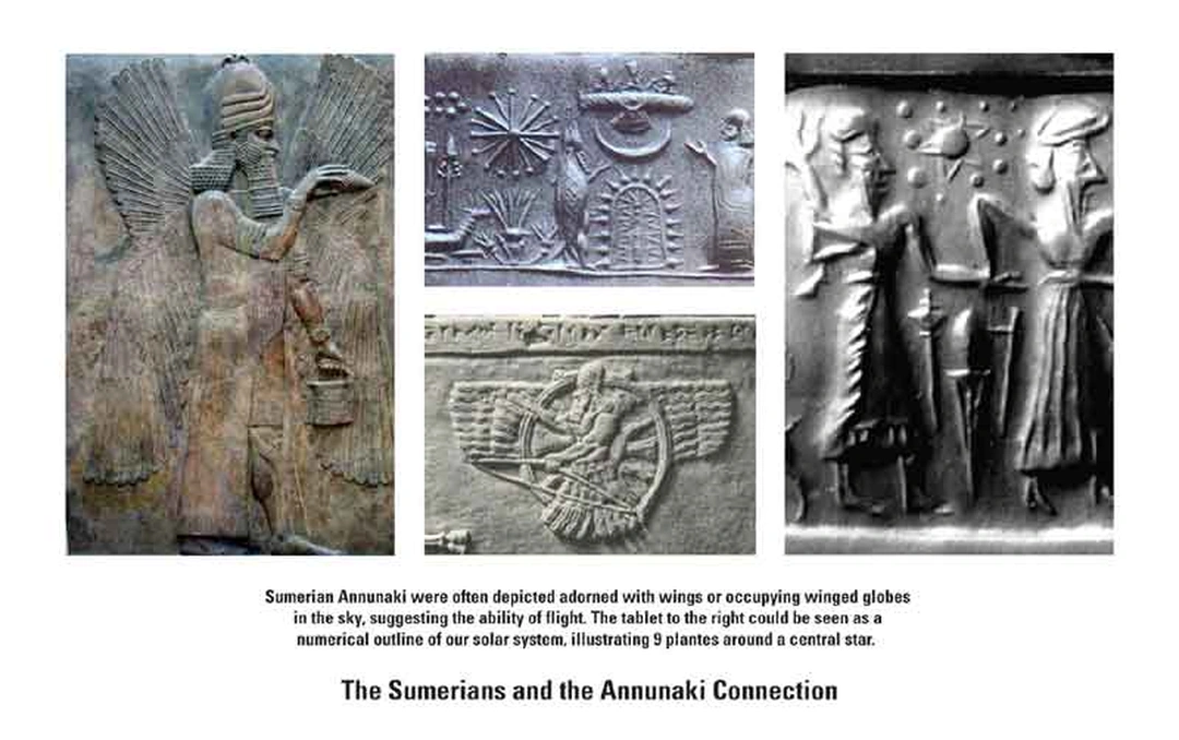 Collage of ancient Near Eastern reliefs and cylinder seals, including a winged figure, with a caption about the Annunaki.
