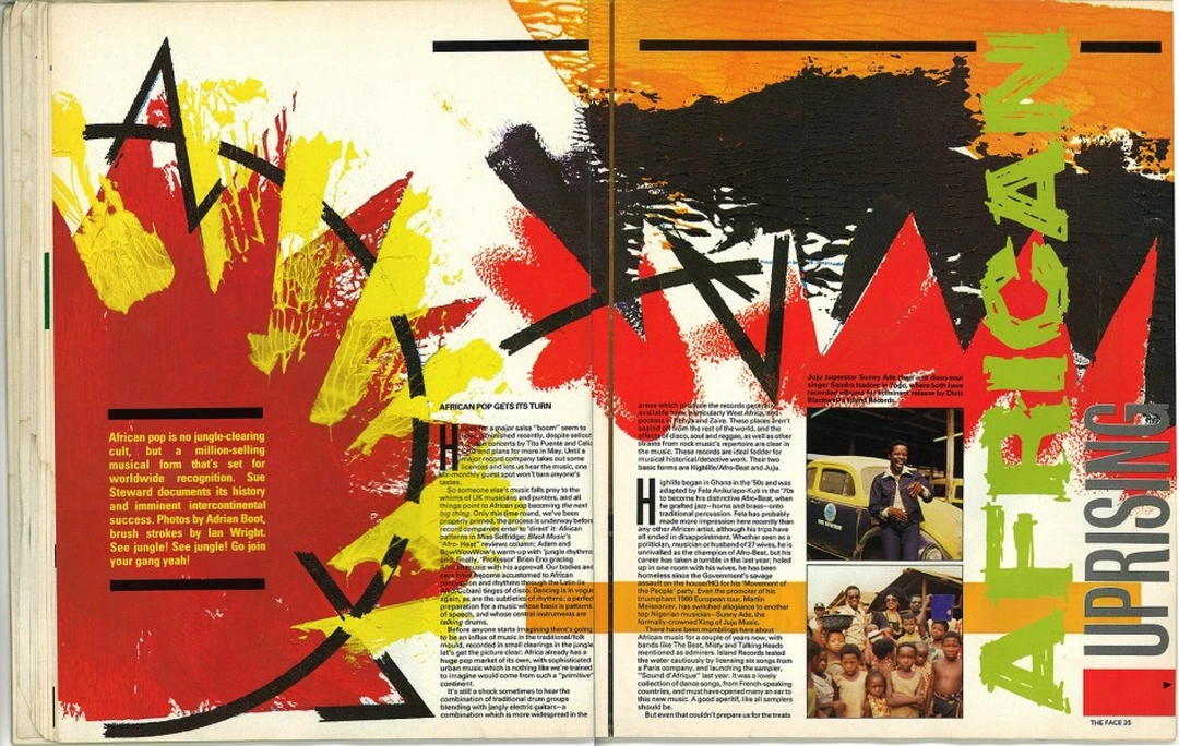 Two-page magazine spread with hand-painted red, yellow and orange shapes, bold black and green letterforms, and columns of small text; a photograph of a man beside a van is at lower right.