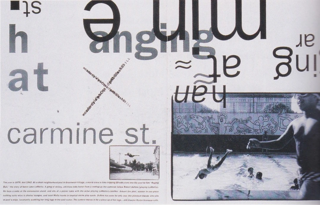 Spread of large cropped letters set at angles, reading 'hanging at carmine st.' in black and grey, above a photograph of people in a pool with a mural behind; small caption text at the bottom.