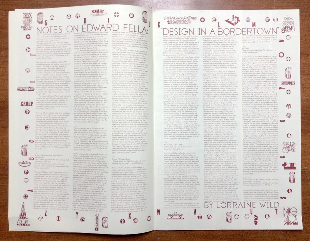 Spread with a large outlined headline 'Notes on Edward Fella' in an open typeface, columns of small text, decorative letter fragments around the page, and 'Design in a Bordertown' as a large title on the right page.