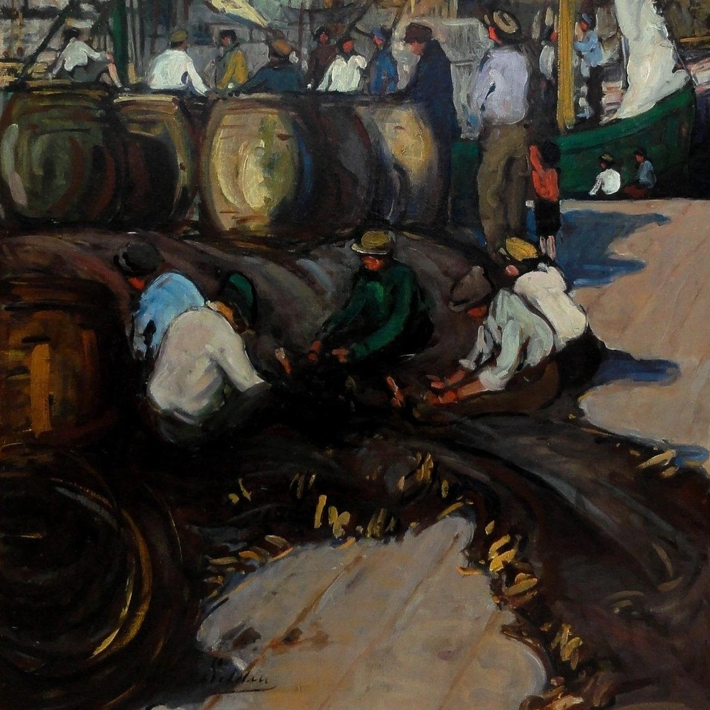Painting of a busy harbor with barrels, sailing masts and five figures mending a net on the quay.