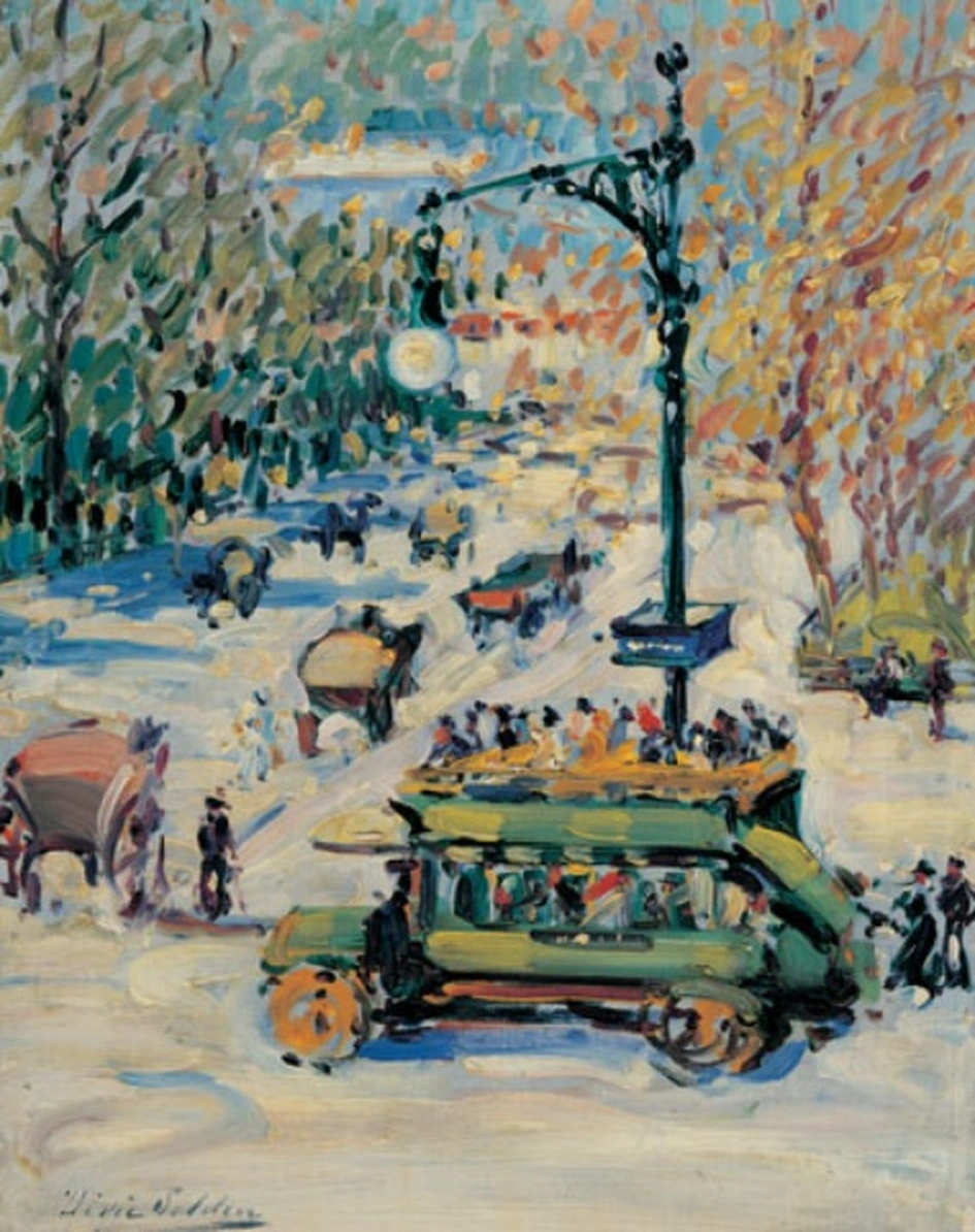 Painting of a snowy city street with a horse-drawn cart, a green bus and a lamppost, in loose impressionist brushwork.