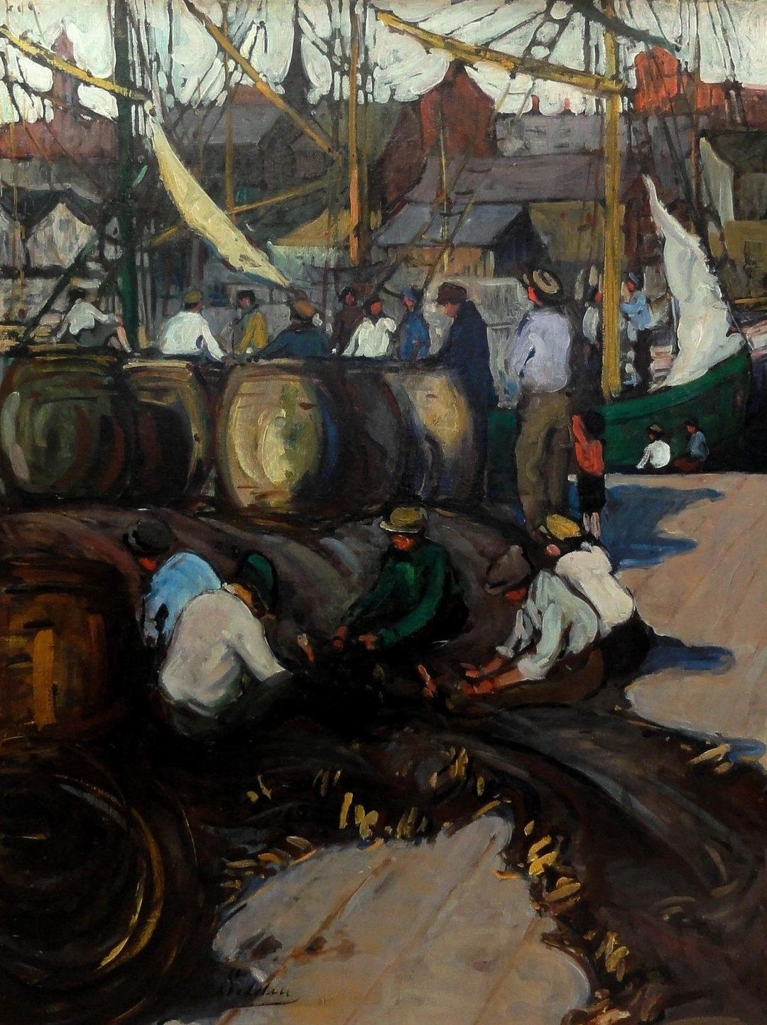 Painting of a busy harbor with barrels, sailing masts and five figures mending a net on the quay.