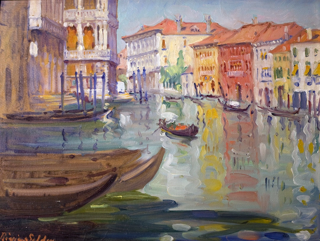 Painting of a wide Venetian canal with gondolas, palazzi and colorful reflections in the water.