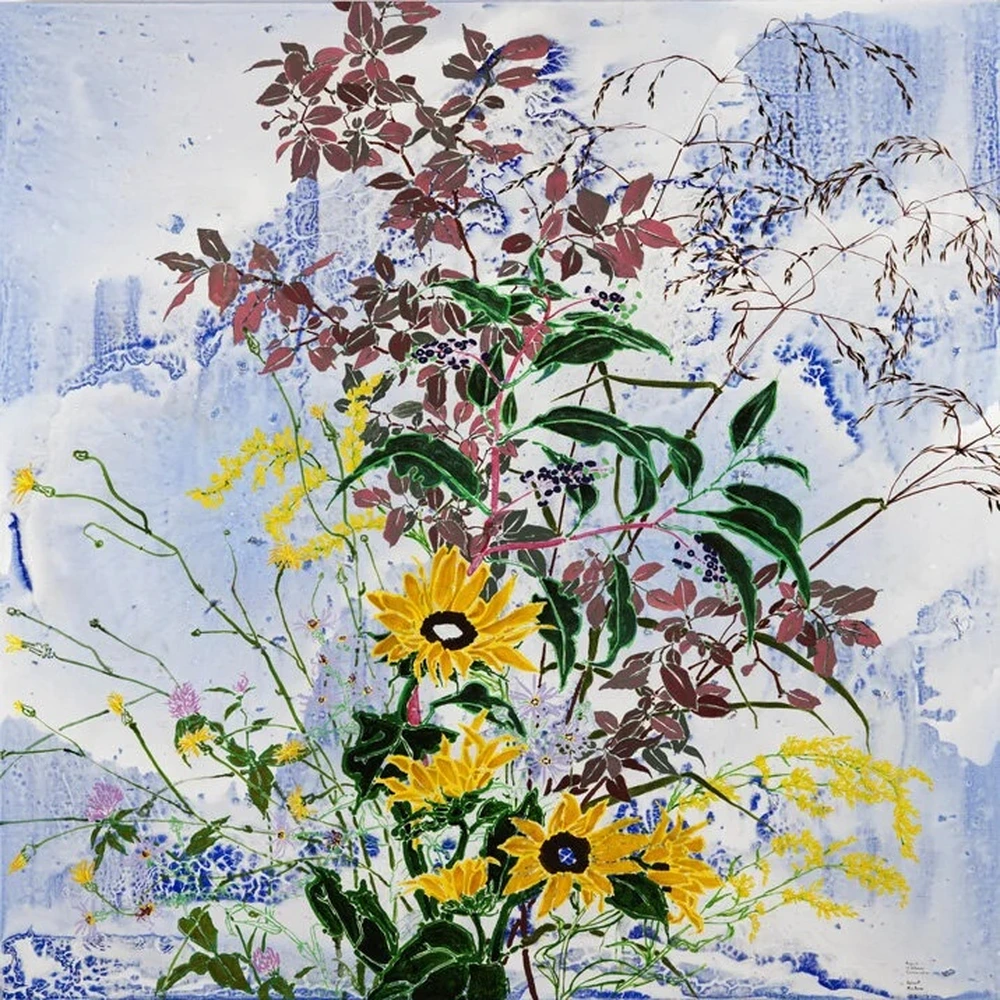 Painting of a dense arrangement of wildflowers and branches, with yellow sunflower-like blooms and dark red leaves over a pale blue, white and yellow ground.