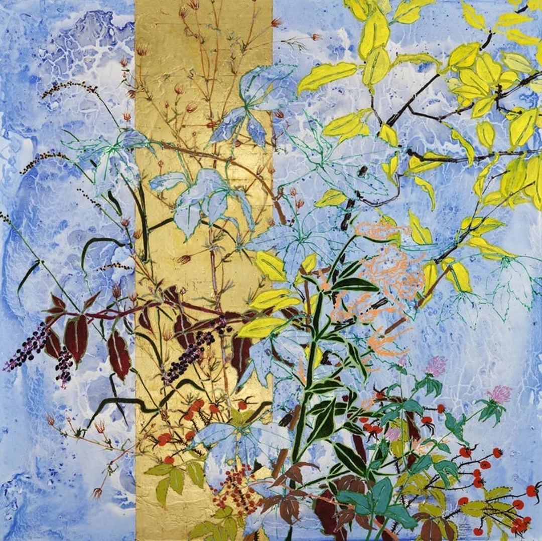 Painting of yellow and green leaves, red berries and branches over a pale blue ground, with a vertical panel of gold leaf at left.