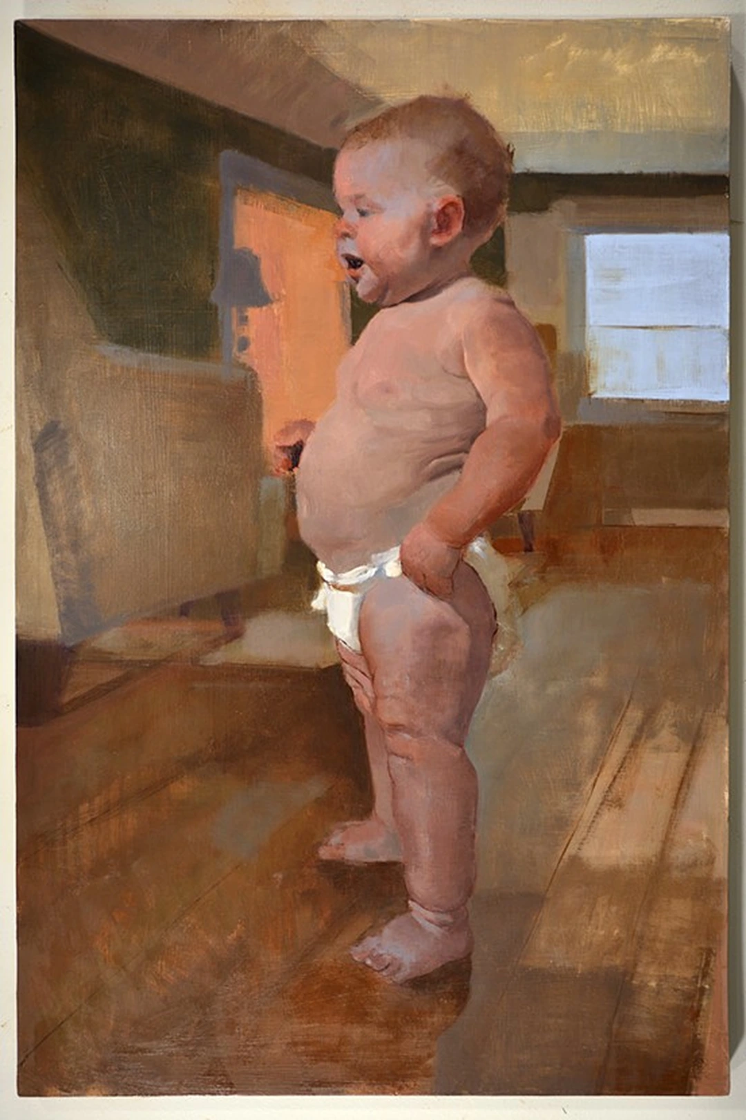 Oil painting of a standing toddler in a diaper, turned to the side, in a warm brown interior with a window at the right.