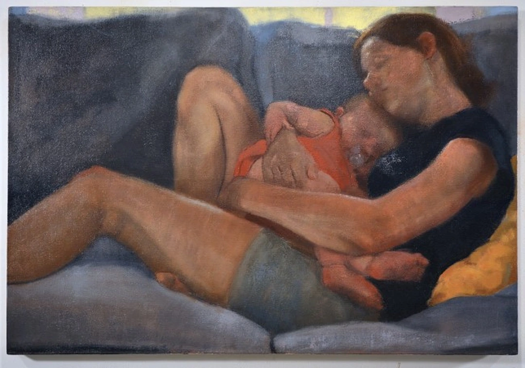 Oil painting of a woman and a small child in a red top asleep together on a grey couch, the woman in a dark top with her arm around the child.