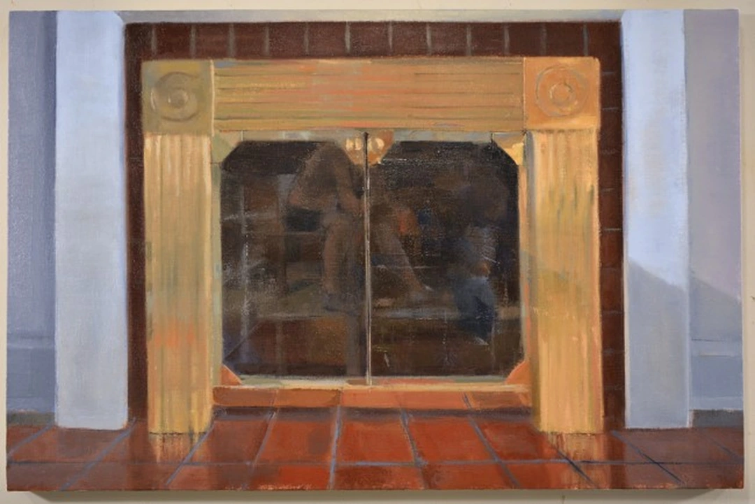 Oil painting of a brick fireplace with glass doors reflecting faint figures, between cream pilasters, on a red tile floor.