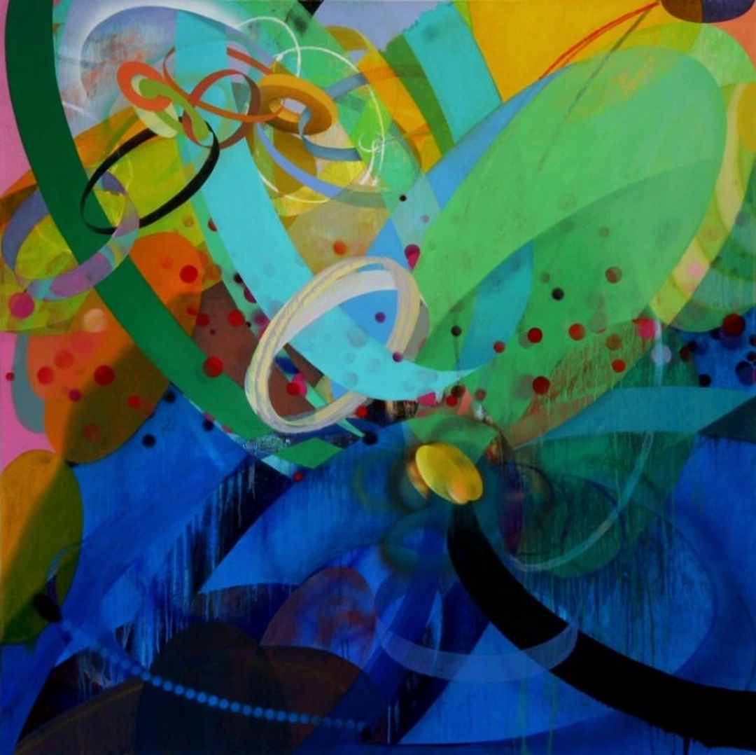 Painting of overlapping blue, green and orange ribbon and disc forms with red dots over a dark blue base.