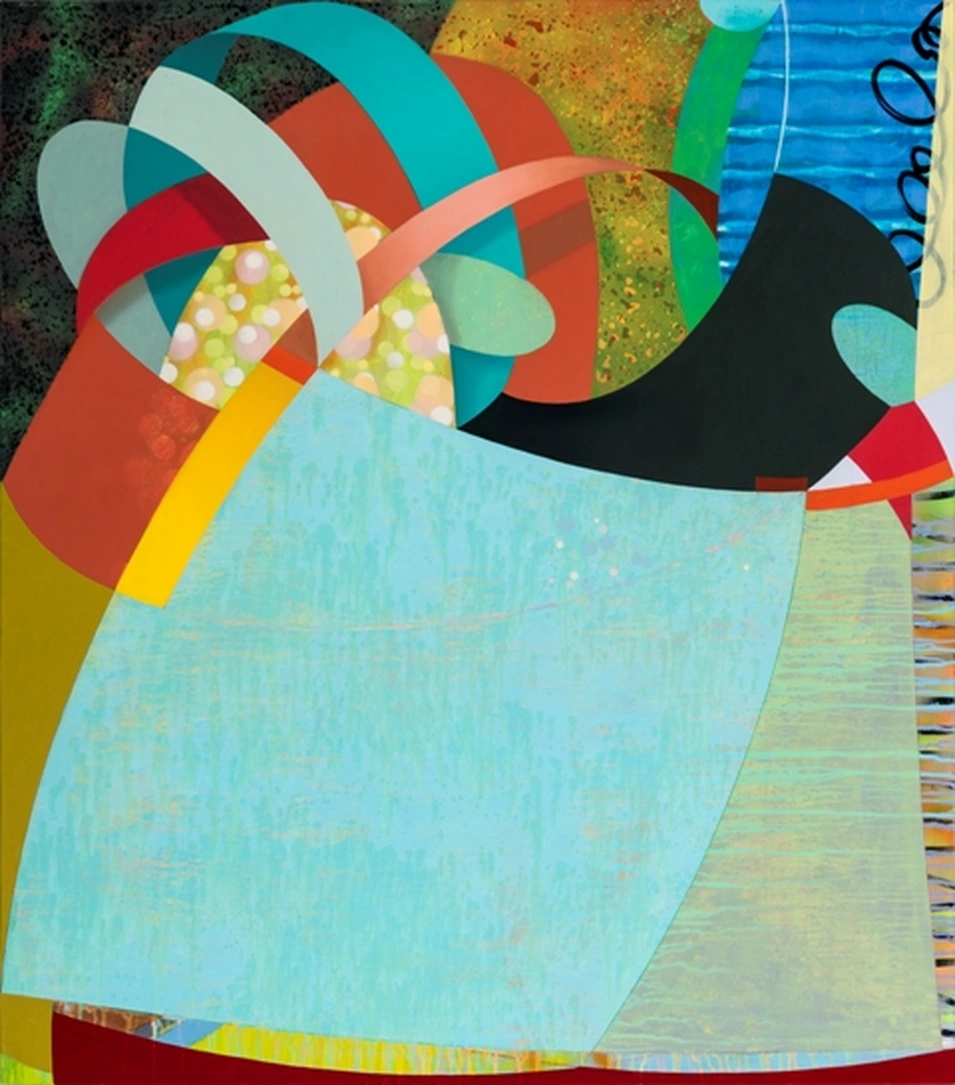 Painting of pale blue and green flat shapes under red, teal and black curved bands.