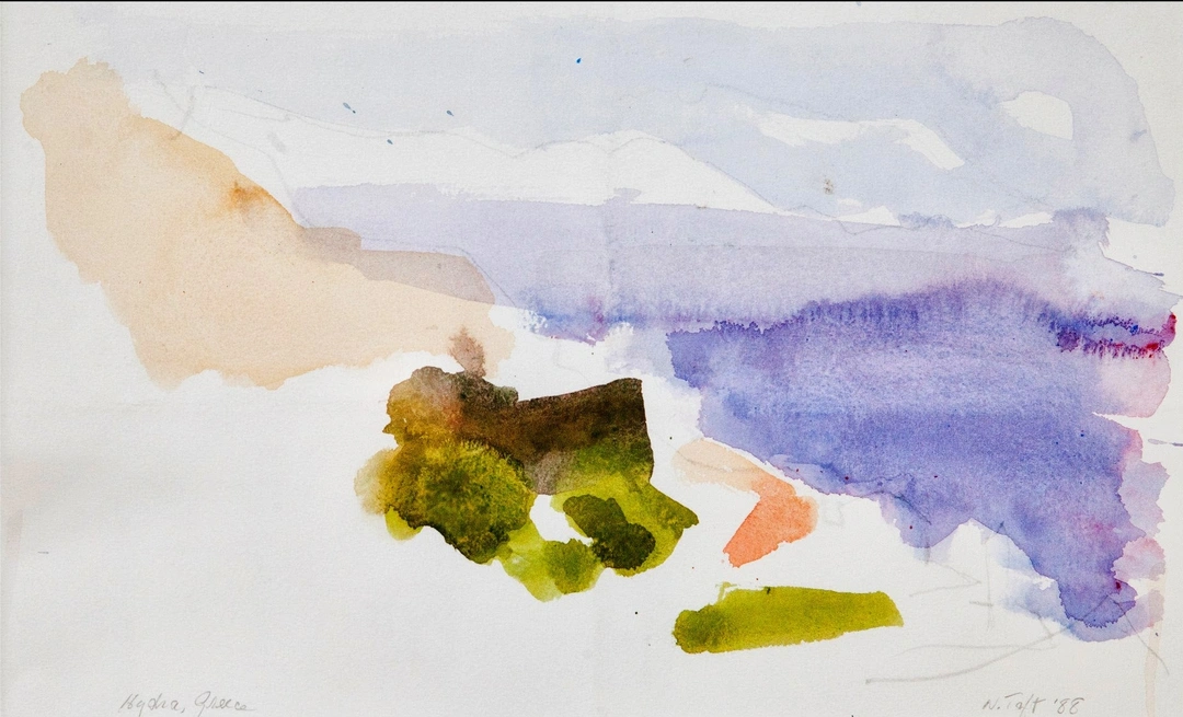 Watercolor of loose washes in tan, lavender, purple, green and coral on white paper.