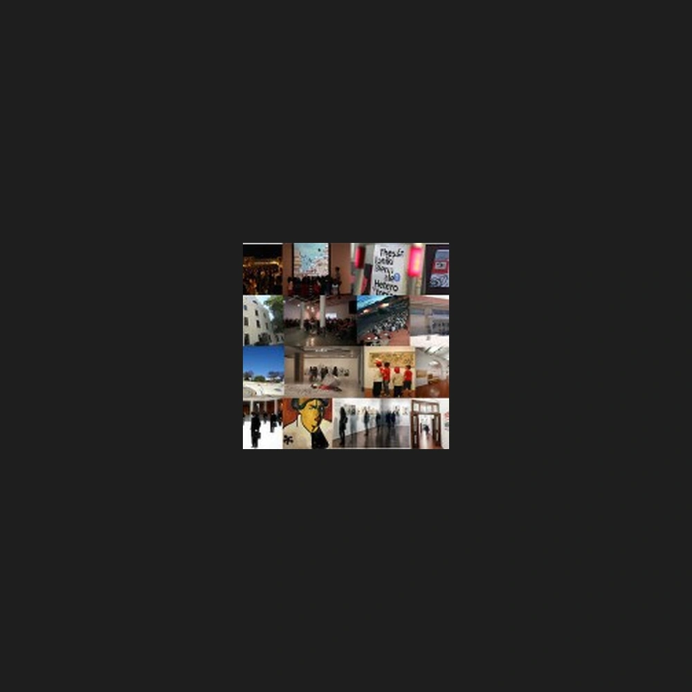 Collage of small photographs of museum exhibition rooms, visitors and a wall banner.