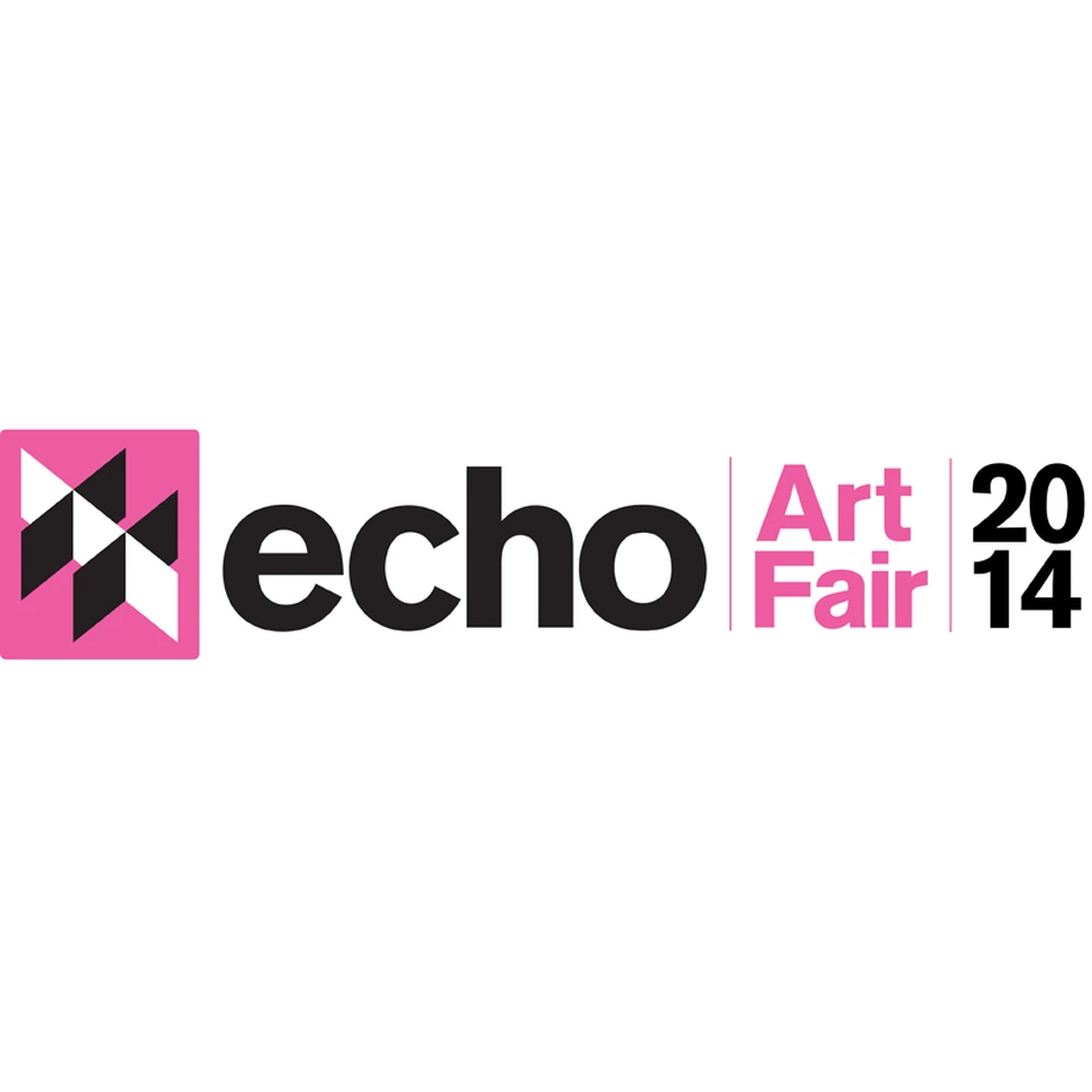 Logo of echo Art Fair 2014: the word echo in black beside a pink and black geometric square, with Art Fair and 2014 in pink and black.