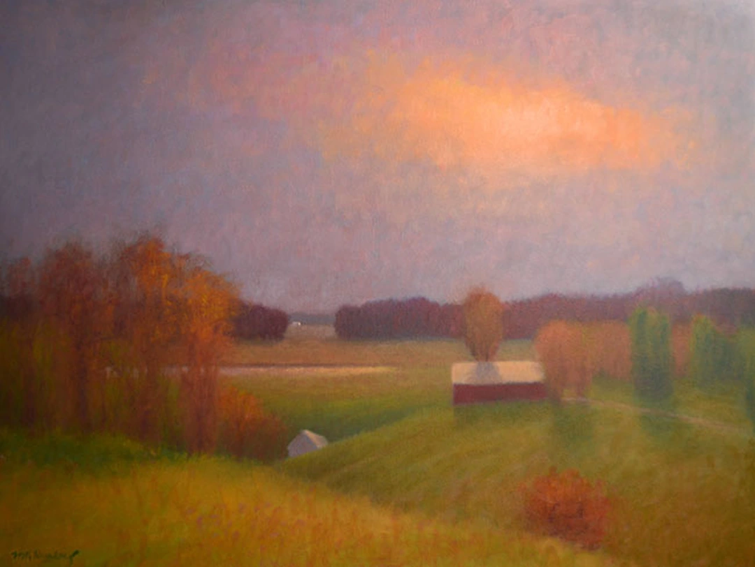 Oil landscape of an autumn field with a red-roofed barn, trees in orange and green and a warm pink sky.