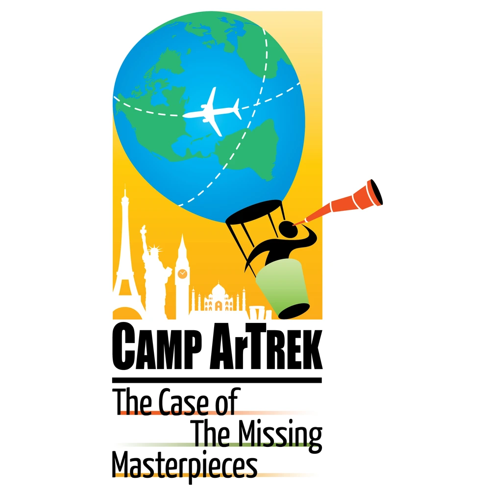 Camp ArTREK logo: a globe with dashed flight routes and an airplane, a figure with a spyglass, and landmark silhouettes above the words CAMP ArTREK and The Case of The Missing Masterpieces.