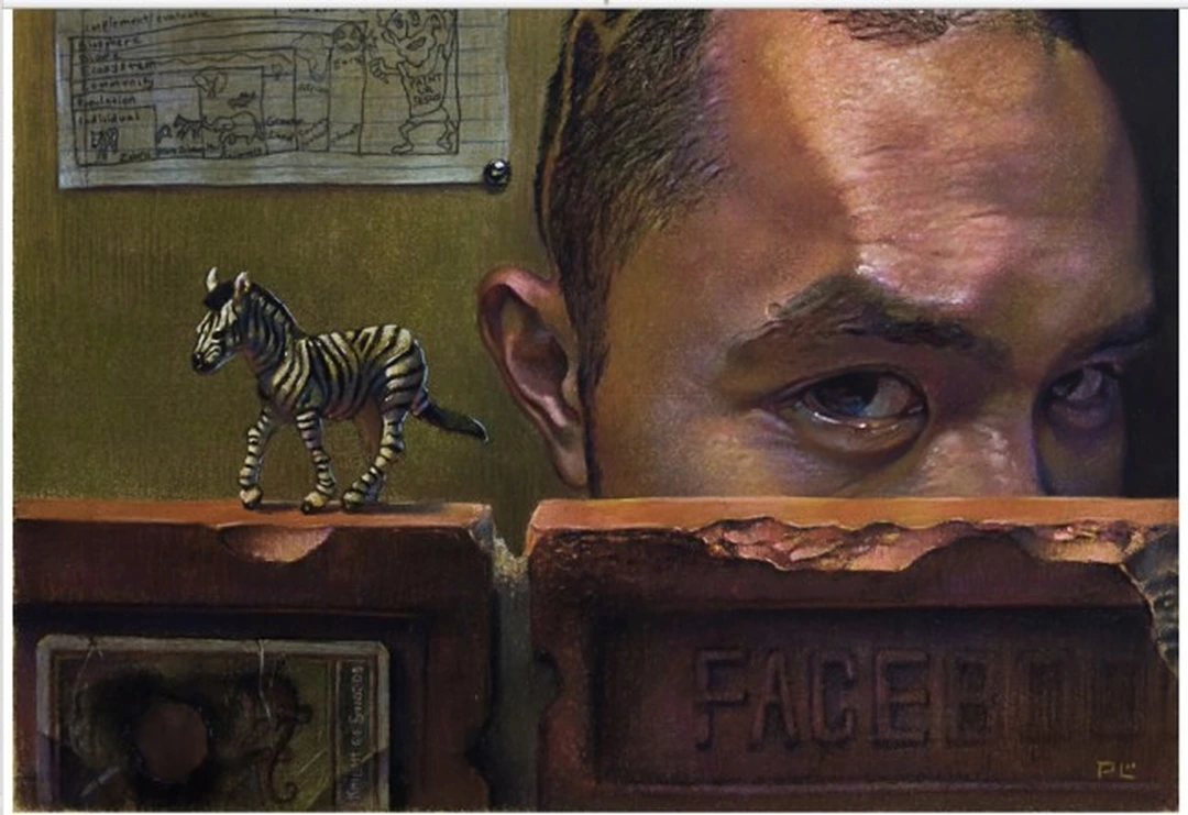 Pastel painting of a man’s eye and forehead above a wooden box marked FACEBOOK, with a small zebra figurine on top.