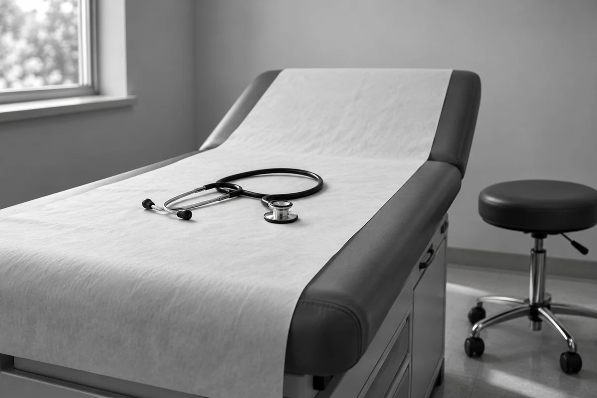 Conceptual AI-generated black-and-white photograph of an empty medical examination table covered with a fresh paper sheet, with a stethoscope resting on it in a quiet clinic room.