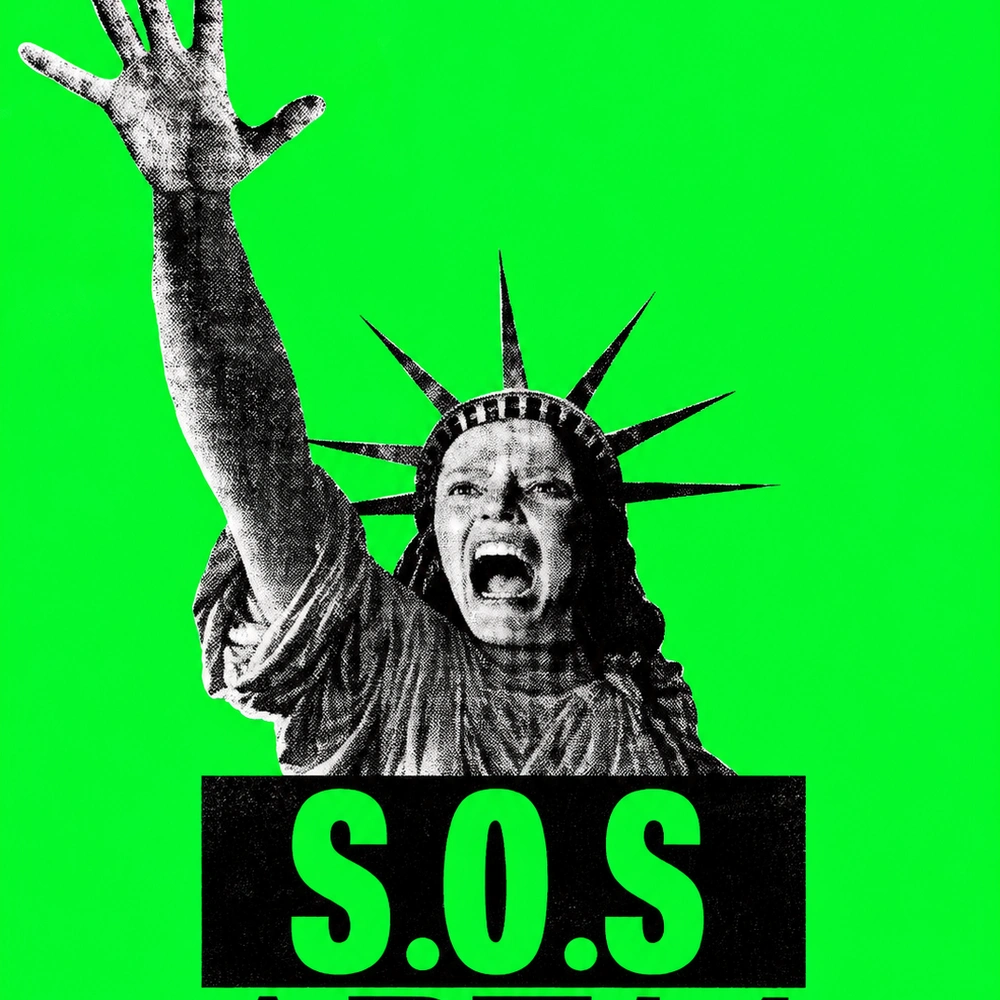 Green poster with a black-and-white halftone figure of a shouting woman in a spiked crown, one arm raised, above the words S.O.S ART14.