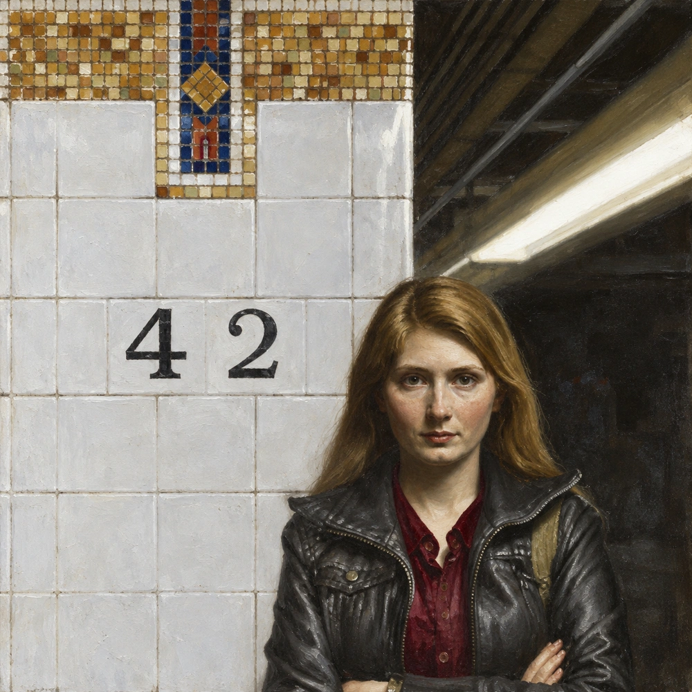 Realist oil painting of a young woman with long auburn hair in a black leather jacket, arms crossed, on a subway platform beside a white tiled wall with a mosaic border and the number 42.