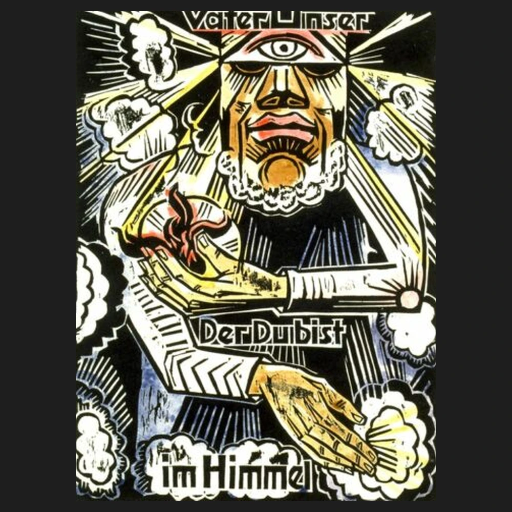 Expressionist woodcut with a stylized face and a single eye above it, a hand holding a small red object, and the words Vater Unser, Der Du bist and im Himmel.