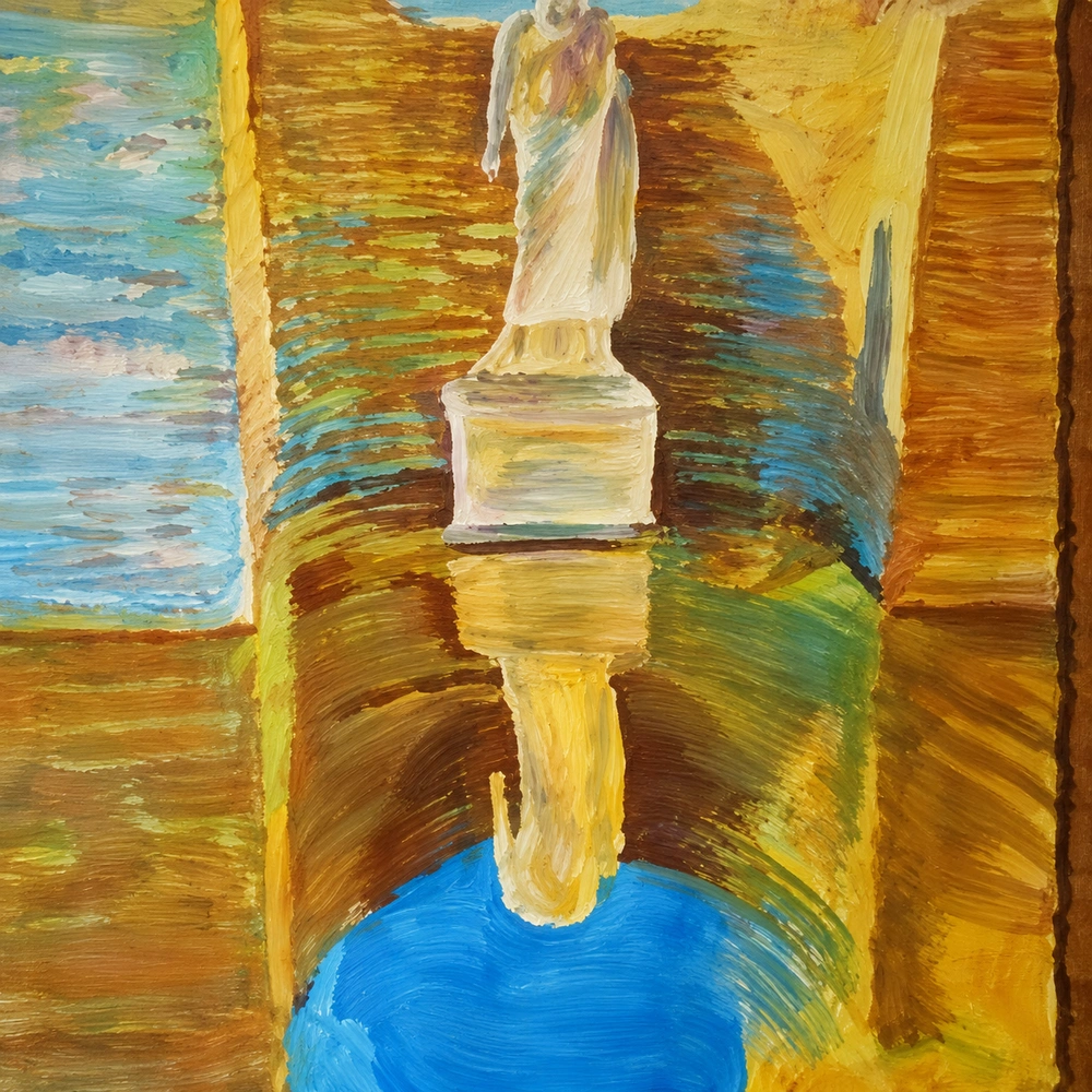 Painting of a white classical statue on a pedestal between ochre walls, its yellow reflection stretching down into a deep blue pool.
