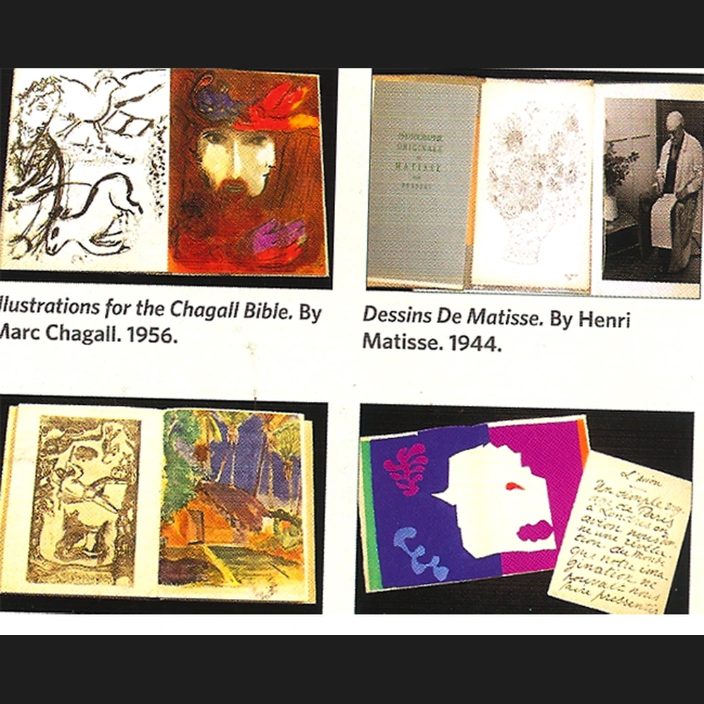 Four photographed book displays on a dark background: a Chagall Bible illustration, a Matisse drawings book beside a portrait photo, an open printed book, and a blue-and-purple cut-paper page with a handwritten note