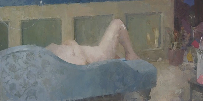 Reclining figure seen from behind on a pale blue chaise longue, with a potted plant at the right.
