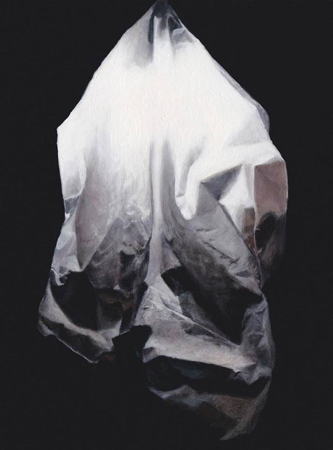 Crumpled plastic bag painted in white and grey against a black background.