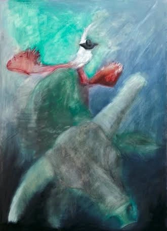 Painting of a red-and-white bird above a large pale shape in turquoise water.