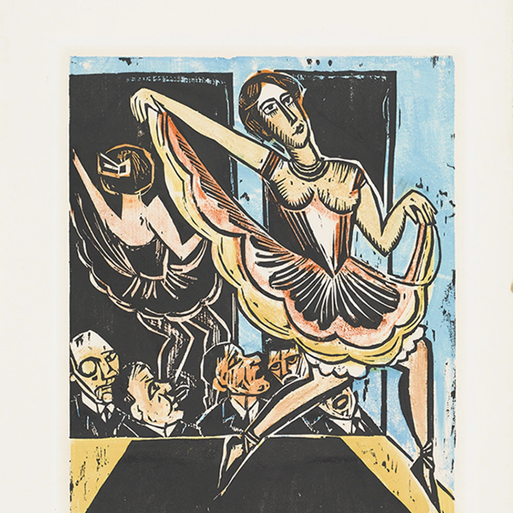 Square crop of a colour woodcut of two dancers in a bright skirt on a stage.