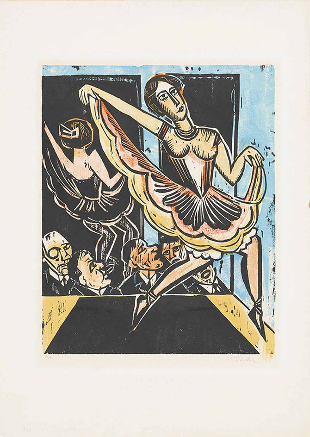 Colour woodcut of two dancers in a bright skirt on a stage, with a seated audience in the lower left.