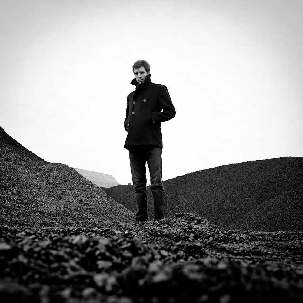 Black-and-white photograph of a man in a dark coat standing on mounds of coal.