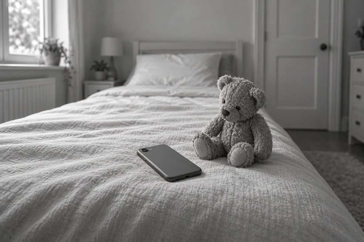 Conceptual AI-generated black-and-white photograph of a smartphone lying face-down on a neatly made bed next to a small worn teddy bear in a quiet teenager's bedroom.