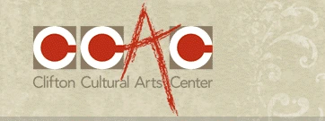 Clifton Cultural Arts Center logo: the letters CCAC in boxes with a red sketched A, above the words Clifton Cultural Arts Center, on a beige background.