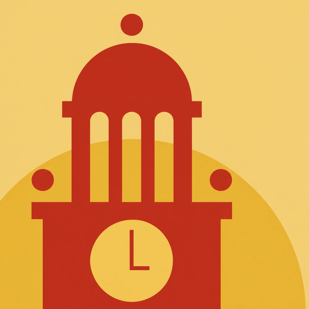 Red clock tower with a dome, a row of columns and a round clock face, on a yellow background.