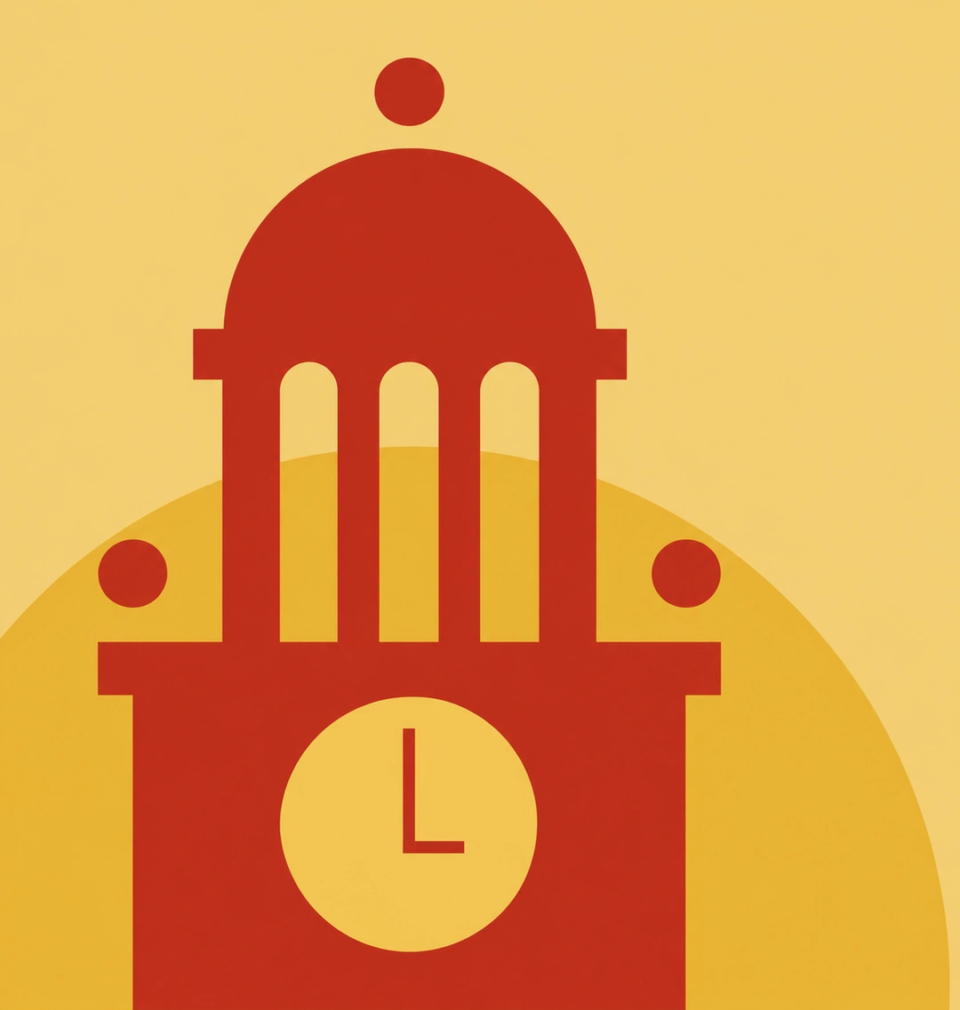 Red clock tower with a dome, a row of columns and a round clock face, on a yellow background.