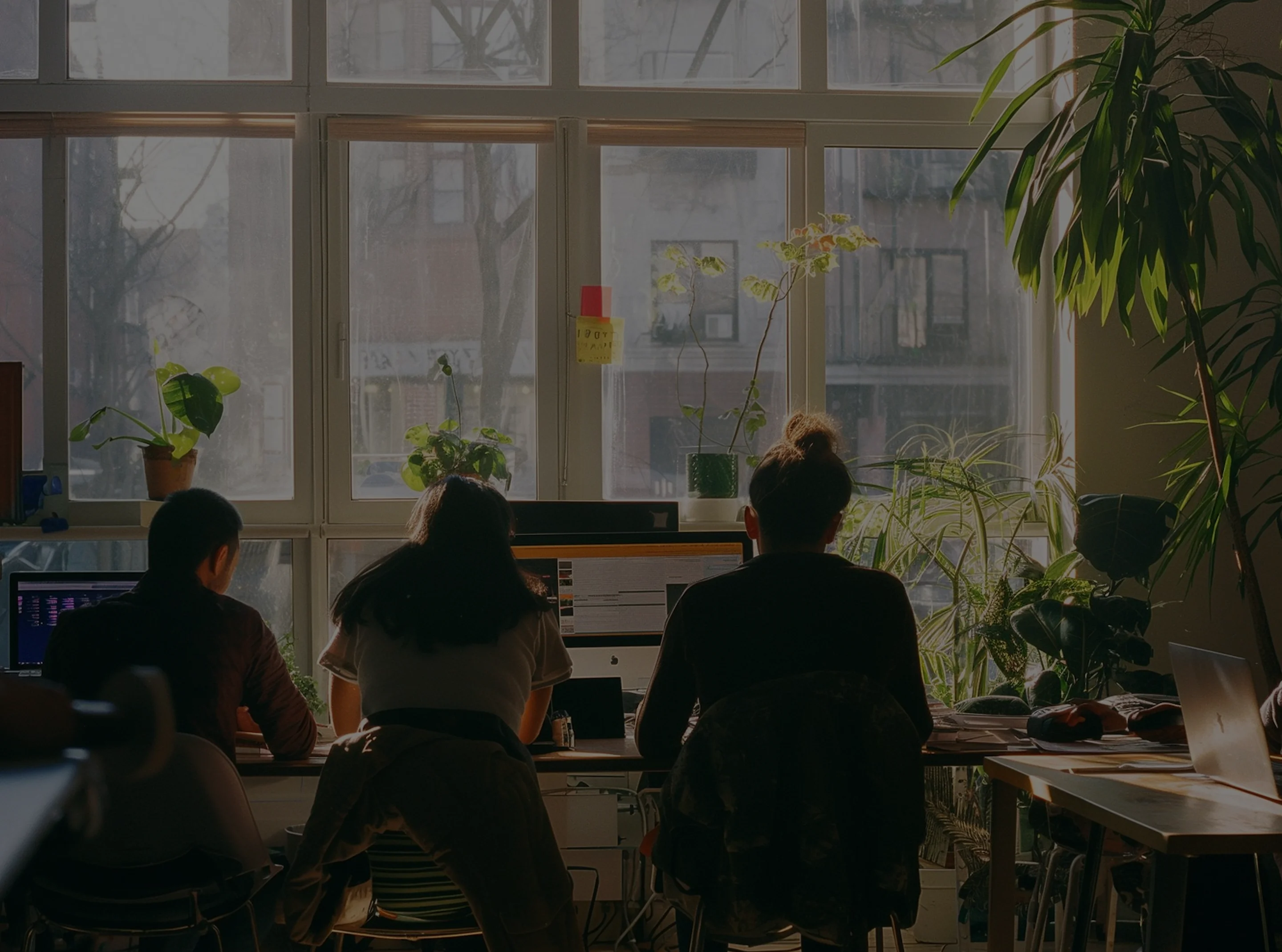 Abigail Grace Writing team collaborates in front of a window with plants