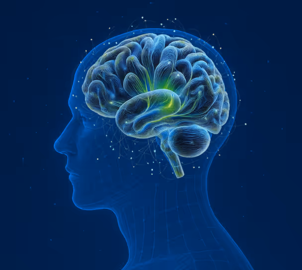 Side profile of a human head with a glowing digital illustration of the brain inside, set against a dark blue background.