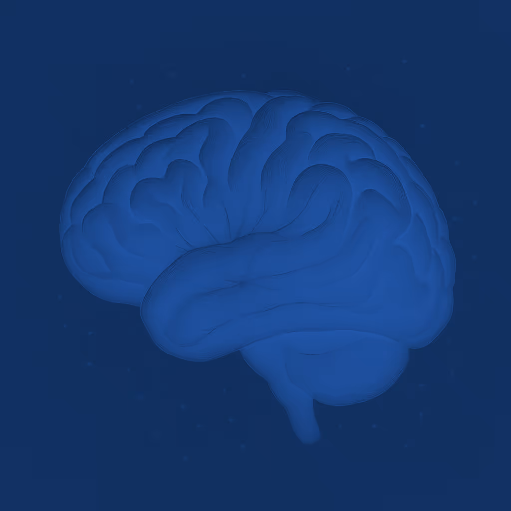 Illustration of a human brain in a monochromatic blue color scheme on a darker blue background.