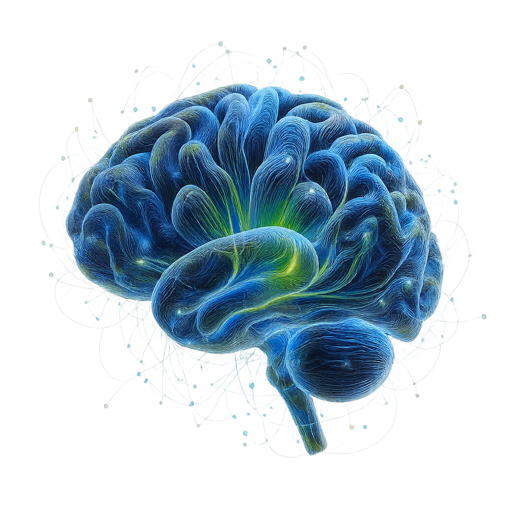 3D illustration of a human brain highlighting neural pathways with blue and green glowing lines.
