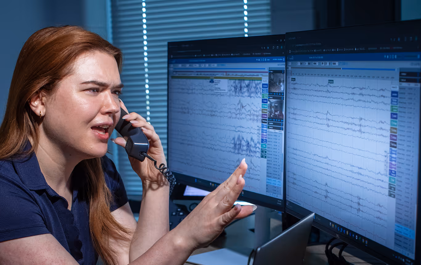 Woman speaking on a corded phone while pointing at a computer monitor displaying EEG brain wave data.